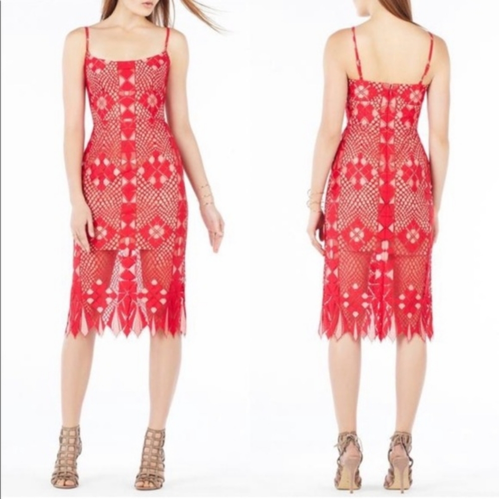 BCBGMAXAZRIA Aliese Cocktail Dress in Lipstick Red & Whisper Pink, size 6/Medium